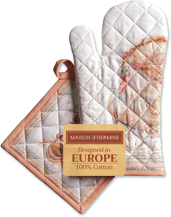 Maison d' Hermine 100% Cotton Oven Mitt & Pot Holder Set (7.5"x13" & 8"x8") Heat Resistant BBQ Cooking Gloves with Loop, Baking, Grilling, Kitchen, Handling Hot Pans (Giving Thanks)
