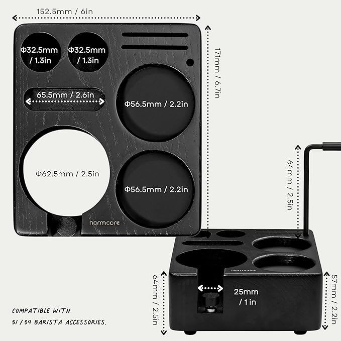 Normcore Espresso Tamping Station, Wood Coffee Tamper Station Fit 51 to 54mm Espresso Machine Accessories Coffee Tamper, Distributor, WDT, Puck Screen, Portafilter Holder Stand, Solid Black Ashwood