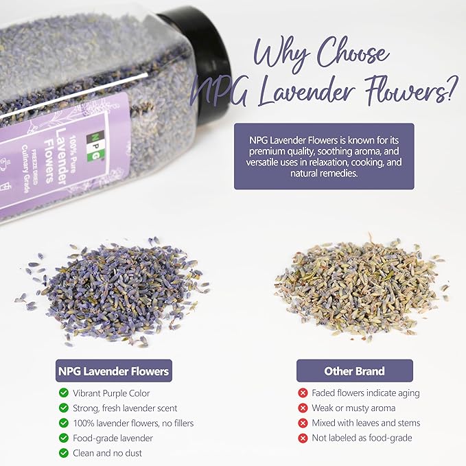NPG Freeze Dried Lavender Flowers 4 Oz, Culinary Grade Lavender Buds for Tea, Baking, DIY Soap, Candle Making, Potpourri, Natural Fragrance Sachets, All-Natural, Non-GMO, Gluten-Free