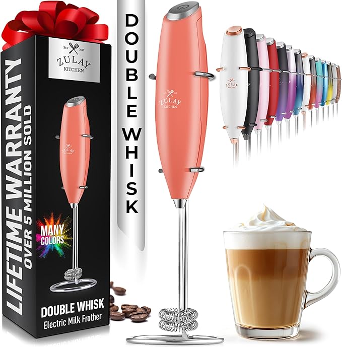 Zulay Kitchen Double Whisk Milk Frother – Handheld Foam Maker for Coffee, Lattes, Matcha, Hot Chocolate & Cappuccinos – Whip Creamy Froth in Seconds, Portable & Easy to Use