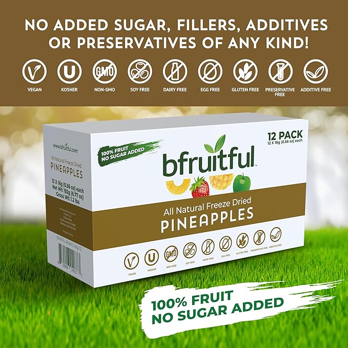 bfruitful Freeze-Dried Pineapple, Freeze Dried Fresh Fruit Bites, Gluten Free, Vegan, Dairy Free, Kosher, No Sugar Added, Non GMO, Healthy Snacks for Kids or Adults, 0.56 oz Single-Serve Snack Packets, 12 Pack