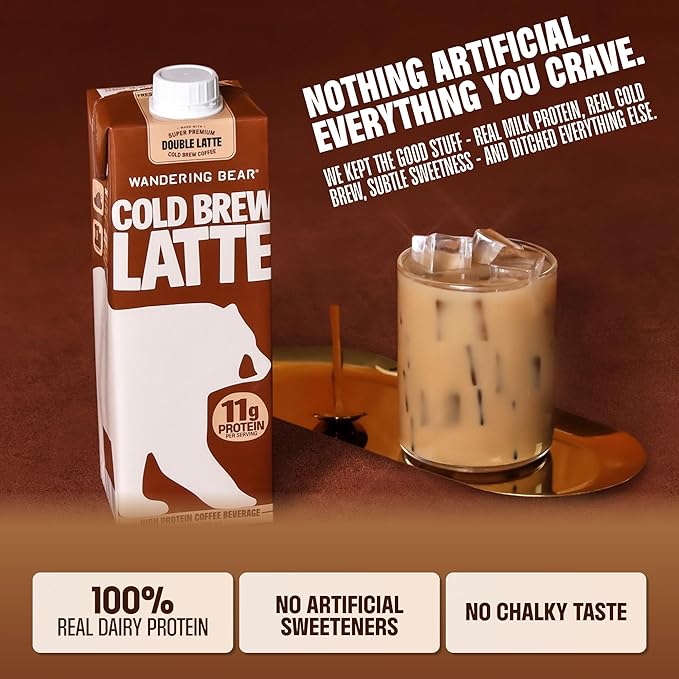 Wandering Bear Double Latte Organic Cold Brew Coffee — 32 fl oz, 6 pack - Creamy High-Protein Cold Brew Latte, 11 g Protein, Only 100 Calories, 5 g Sugar, Double Shot Strength (Shelf-Stable)