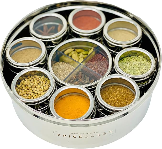 spice dabba Stainless Steel Indian Spice Box, Steel Masala Dabba 12 Spices, Lid Spice Box, Authentic Spices, Masala Box with Individual containers | Size 9 x 9 x 3 IN (Indian Spice Box Only)