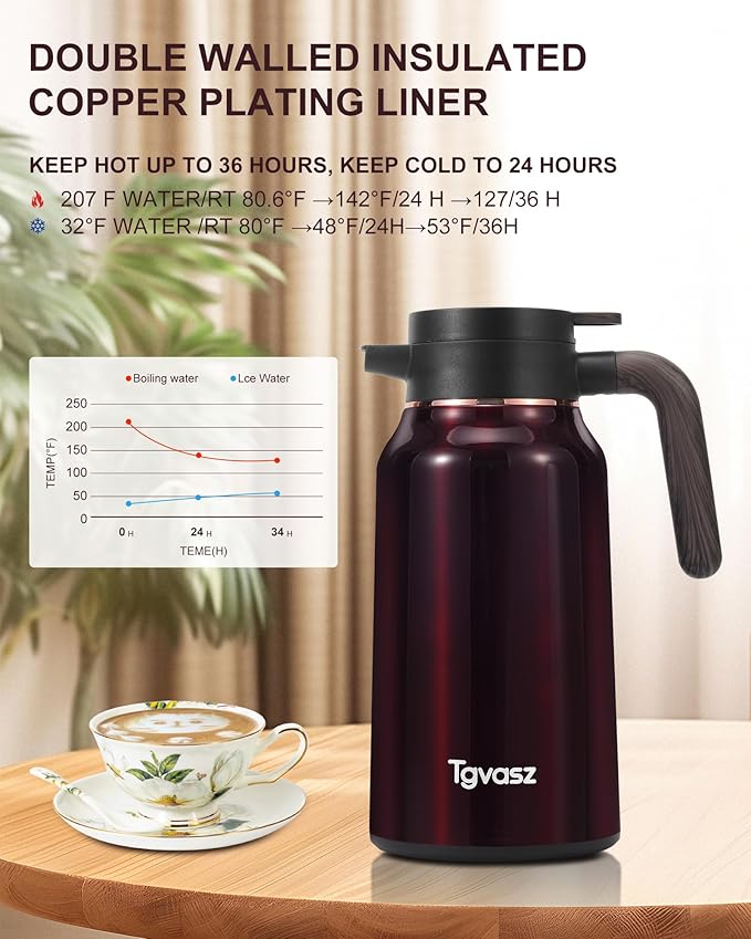 Thermal Coffee Carafe 70 oz - 36 Hour Hot Stainless Steel Carafes for Hot Liquids-Insulated Coffee Carafes For Keeping Hot/Cold Coffee, Tea, Water, Drink Dispenser for Parties(Black)