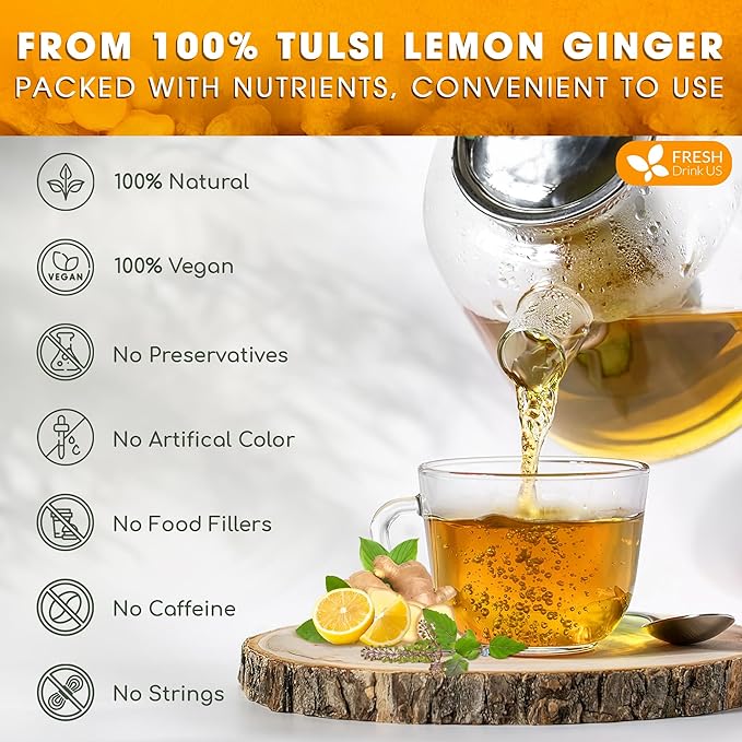 FreshDrinkUS, Premium 55 Tulsi Lemon Ginger Tea Bags, 100% Natural & Pure from Tulsi Holy Basil Leaves, Lemon and Ginger. Made with Natural Material Tea Bags. No Sugar, No Caffeine, Vegan.