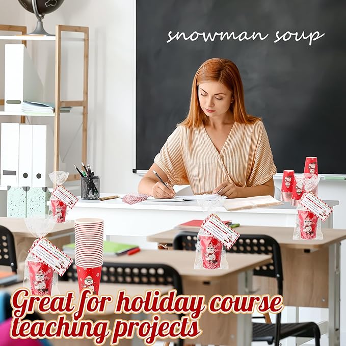 100 Sets Christmas Snowman Soup Kits for Classroom Coworker Gift 12 Oz Winter Snowman Paper Cups for Hot Cocoa Chocolate Marshmallow Soup Tags Clear Xmas Bags (Vibrant)