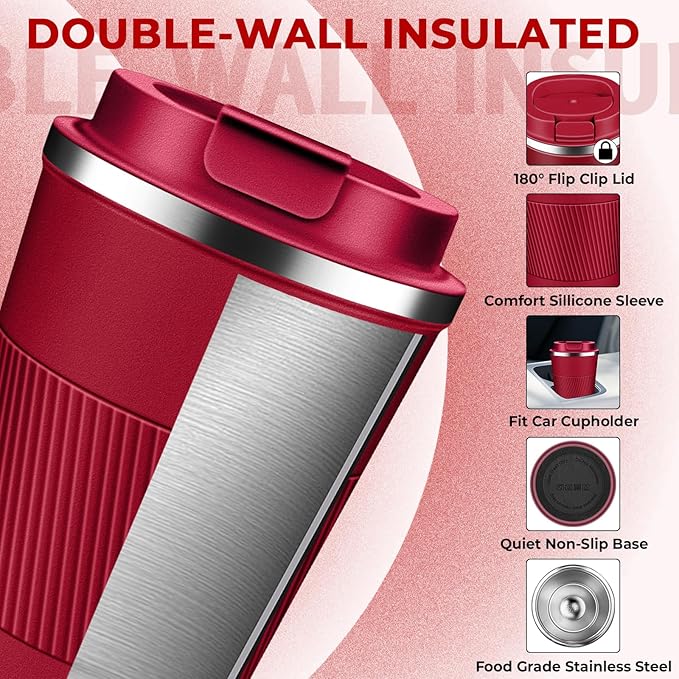 Insulated Coffee Tumbler 12 oz, Stainless Steel Coffee Mug with Lids, Travel Coffee Mug Leak Proof, Double Wall Vacuum Insulated Reusable Coffee Cup, Keep Drinks Hot and Cold (Red, 12 Ounces)