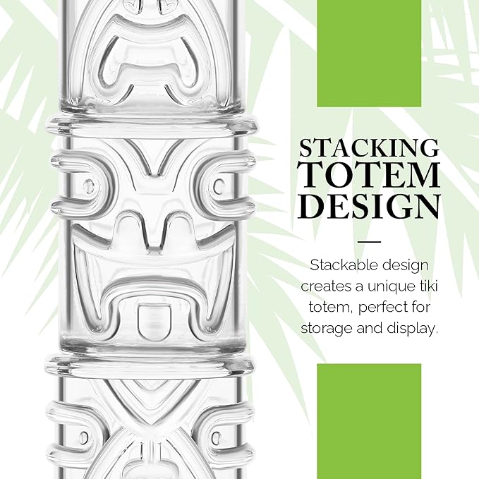 Final Touch Tiki Shot Glasses Set of 4 - Kanaloa, Lono, Kū, Kāne Designs, 2 oz (60 ml), Clear, Stackable Totem Pole Storage, Durable Glassware for Tropical Shots (TK5301)