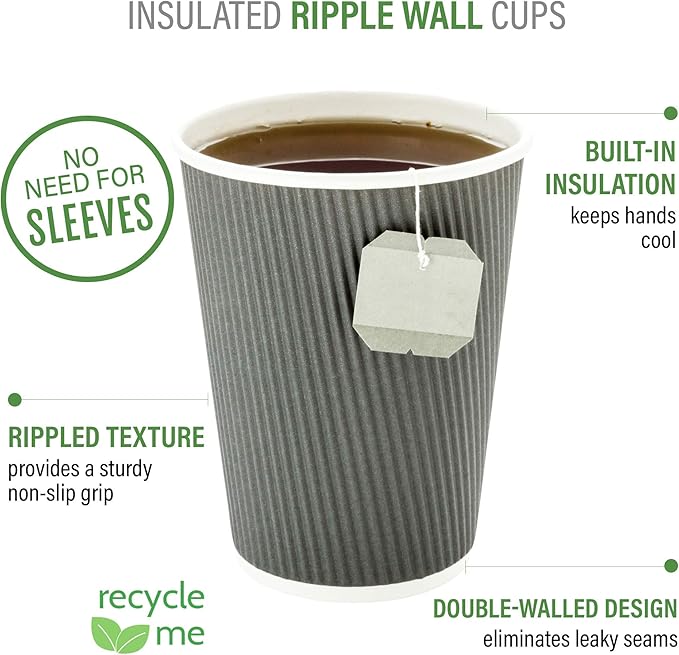 Restaurantware 16 Ounce Ripple Wall Disposable Coffee Cups, 500 Insulated Gray Paper Tumblers with Rolled Rim Design, Lids Sold Separately for Hot Drinks like Tea, Hot Chocolate and More