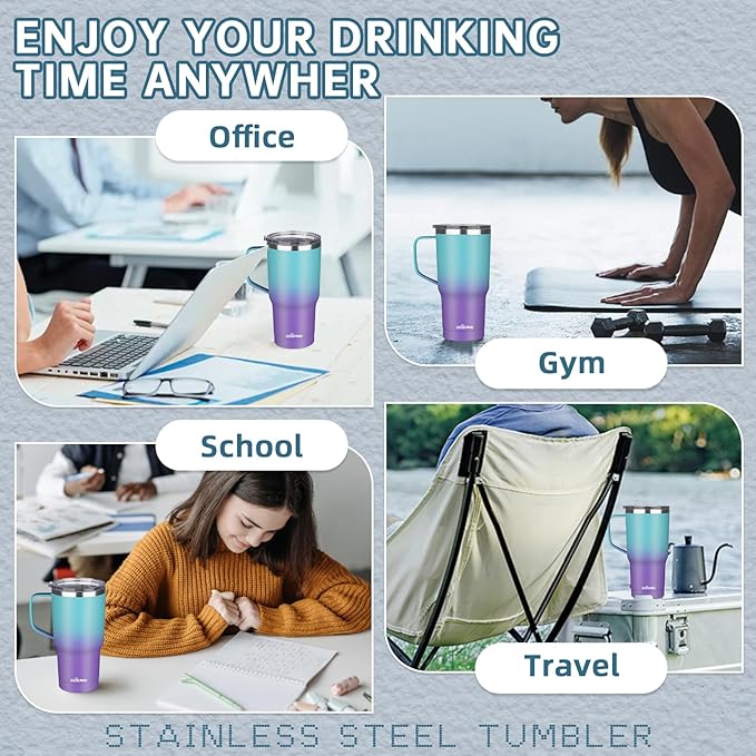 20 oz Insulated Coffee Mug with Ceramic Coating, Stainless Steel Travel Mug Tumbler with Handle Lid and Straw, Double Wall Leak-Proof Coffee Travel Mug Keeps Drink Hot and Cold (Azure Purple)