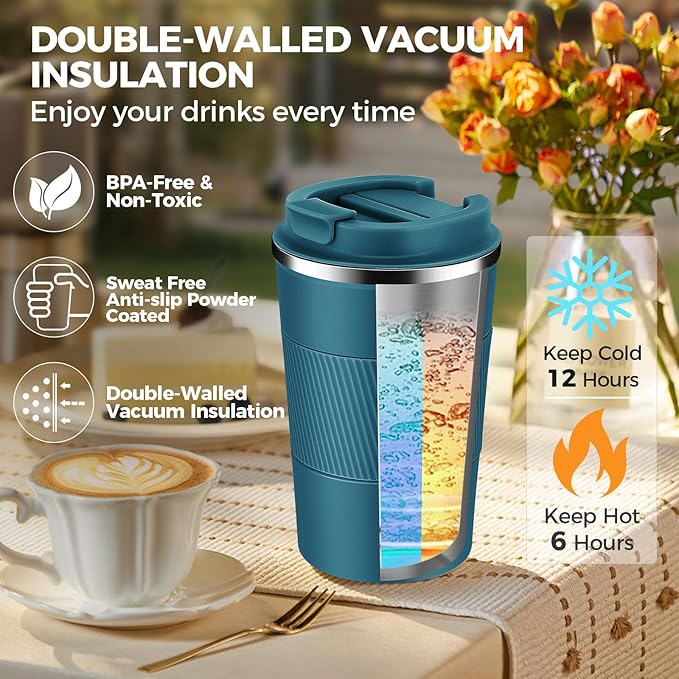Volhoply 13 oz Stainless Steel Insulated Travel Coffee Mug with Fip Lid,Reusable Double Wall Vacuum Metal Coffee Cup,Portable to Go Leak Proof Cafe Thermal Tumbler for Hot & Cold Drinks(Bule,1)