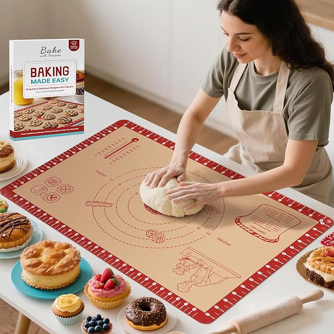 Silicone Baking Mat with Recipes, Extra Thick Silicone Mats for Baking, Non Stick Pastry Mat for Rolling Dough, Silicone Macaron Baking Mat for Cookie,Bread,Pizza,Fondant Mat, Oven&Dishwasher Safe