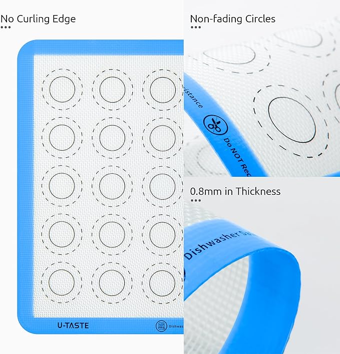 446ºF Heat Resistant Macaron Mat: U-Taste 11x11in Non Stick Silicone Baking Mat, Reusable Cookies Pastry Sheet Liner with Edge Enhancement & Circle Measurement for Square Cake Pan (2 PCS, Light Blue)