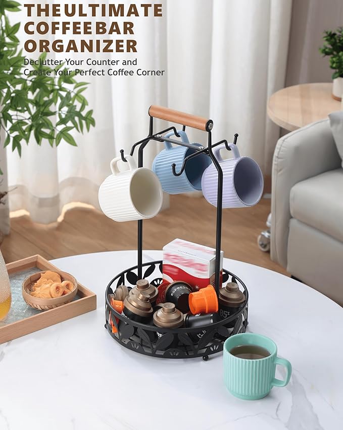 Mug Holder for Countertop, 2-in-1 Mug Tree for Large Mugs & Coffee Cup Stand with Storage Basket - Mug Rack & Organizer for Coffee Bar Accessories