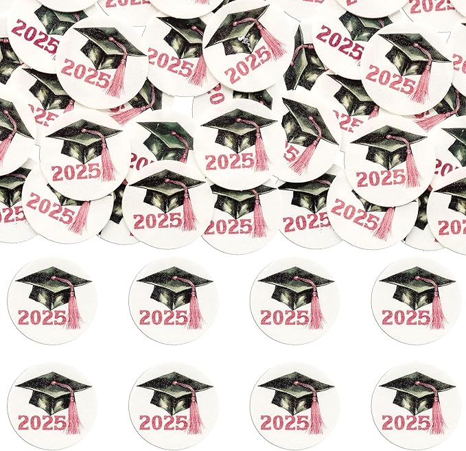 Gyufise 48Pcs Edible 2025 Graduation Cap Cupcake Toppers Wafer Paper Class of 2025 Grad Cap Cupcake Picks for 2025 Graduation Theme Party Cake Decorations Supplies Pink