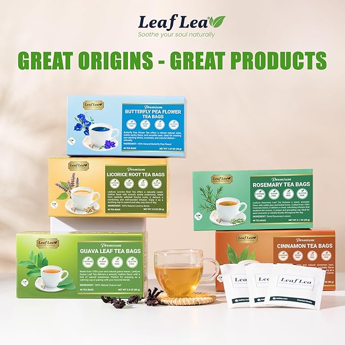 LeafLea 40 Premium Rosemary Tea Bags from 100% Natural Rosemary Leaves, Herbal Tea for Gentle Digestive Comfort, Te De Romero Earthy Taste & Light Aroma, Caffeine-Free, Sugar-Free, Non-GMO
