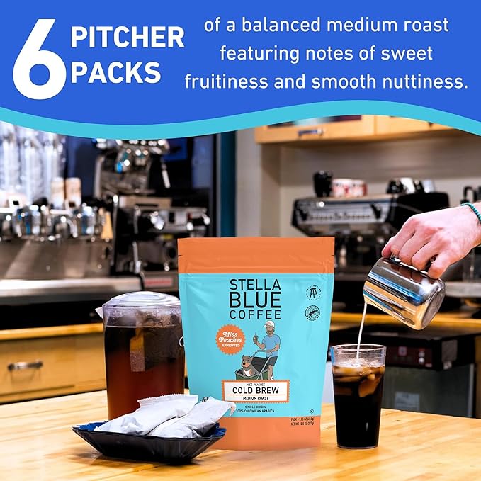 STELLA BLUE Fresh Cold Brew Coffee | Miss Peaches Blend | 100% Single Origin Arabica MEDIUM Roast | Ethically & Sustainably Sourced from Colombia | Helps Support PAWS Chicago | 6 Packets to Make 24 Cups