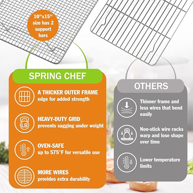 Spring Chef 10" x 15" Stainless Steel Cooling Racks for Baking - Oven Safe - Cookie Racks for Cooling Cookies - Fits Jelly Roll Pan - Perfect for Grilling, Roasting, Cooking, Drying - Set of 2