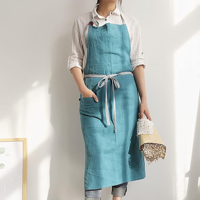 HANEE Kitchen Apron for Women & Men (9 Colors) Linen Cooking Aprons with pocket