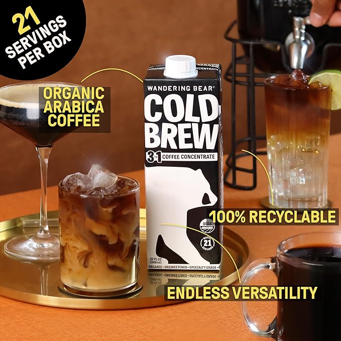 Wandering Bear Organic Unsweetened Extra Strong Cold Brew in a Box Coffee, Shelf-Stable, 21 Servings, Ideal for Wandering Black Concentrate