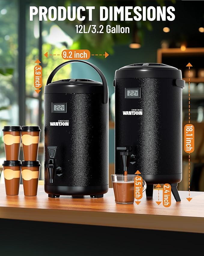 WantJoin Insulated Beverage Dispenser - Thermal 12L/3.2Gal Stainless Steel Hot & Cold Drink Dispenser with Spigot for Tea, Coffee, Milk, Water & Juice (Black)