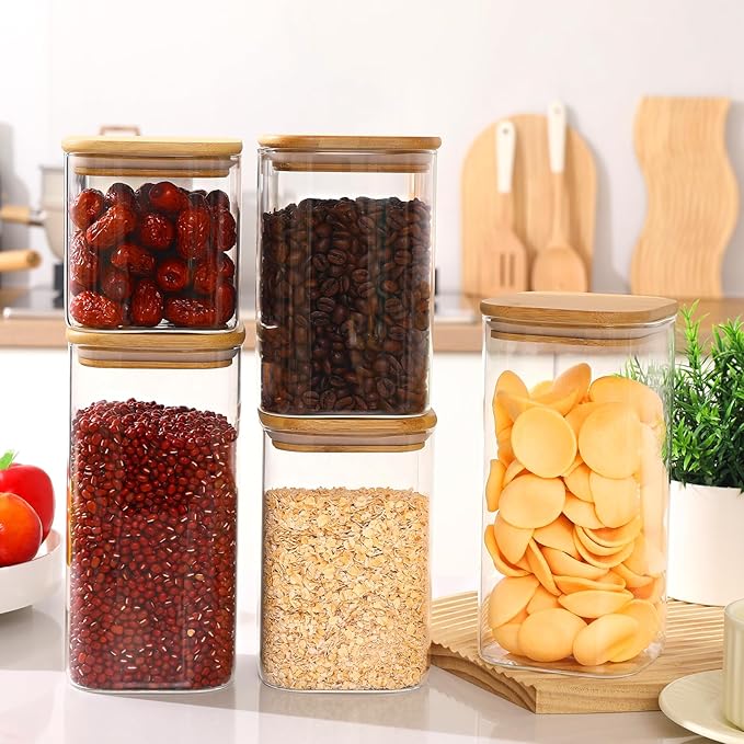 Glass Food Storage Jars with Lids(24oz/37oz/50oz)Square Set of 6 ,Glass Storage Containers Clear Glass Food Canister with Bamboo Lid Airtight For Serving Tea, Coffee Beans, Candy,Spice and More