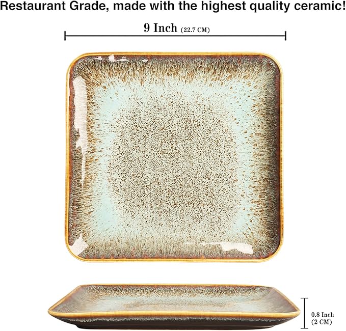 Ceramic Dinner Plates Dish Set,Set of 4,for Lunch snacks -Microwave Oven & Dishwasher Safe,Scratch Resistant,Dinnerware Kitchen Porcelain Serving Dishes,9 inch Square