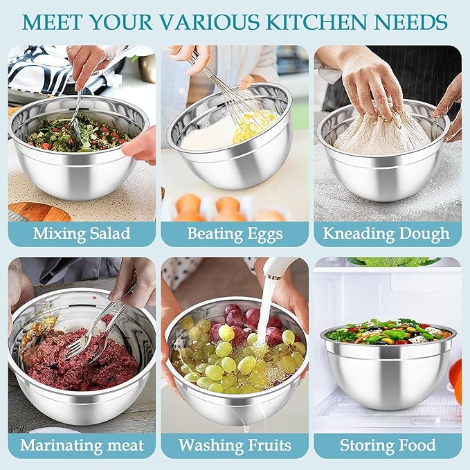 TeamFar Mixing Bowls, Stainless Steel Nesting Salad Bowls with Lids Set of 3 & 3 Grater Attachments, For Mixing/Serving/Storing, Non-toxic & Long-lasting, Size 4.6/3 / 1.5 QT, Navy Blue