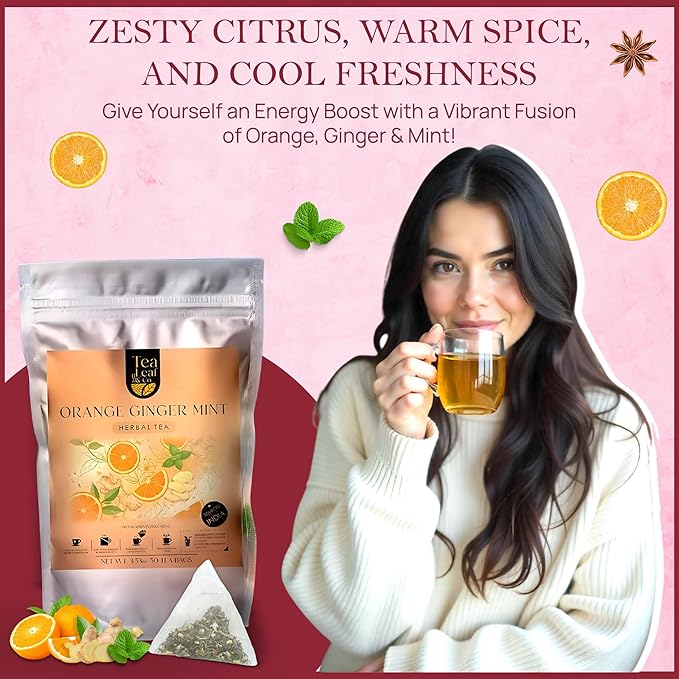 Tealeaf & Co. Orange Ginger Mint Tea Blended with Fresh Herbs and Spices - Herbal Tea Bags with Orange Peel, Ginger, Star Anise, Spearmint & Lemon Grass - Low Caffeine - Gluten Free - 50 Teabags