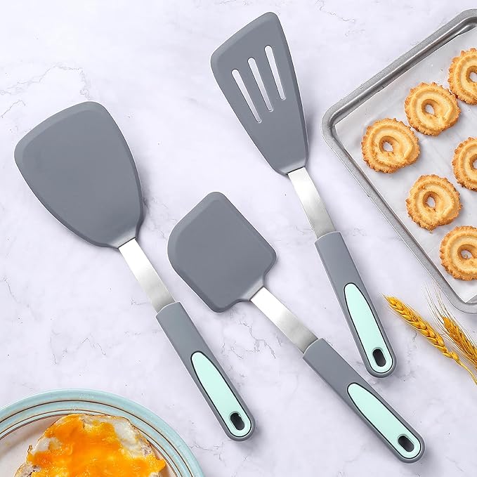 To encounter 3 Pieces Silicone Spatula Set, Heat Resistant Flexible Turner Spatulas, Nonstick Cookie Spatula, Fish Spatula, Dishwasher Safe, Light Grey