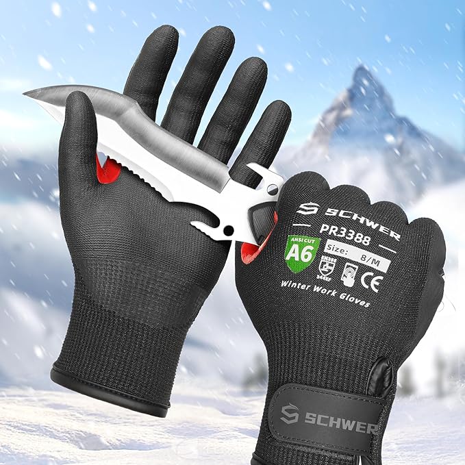 FreezeGuard Winter Work Gloves for Men and Women, ANSI A6 Cut Resistant Gloves With Super Grip, Freezer Glove for Work, Touchscreen, Thermal Insulated, PR3388, Non PFAS, Black Knight (M, 1 Pair)