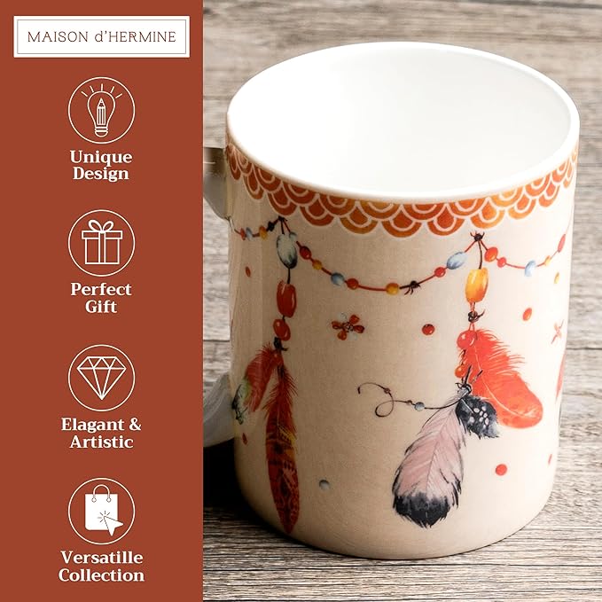 Maison d' Hermine Coffee Mug with Handles Fine Bone China Mugs Pack of One Tea Cups for Hot Beverages Cappuccino Latte Home Restaurant Office Perfect for Gift (Ibiza - Beige - Feather, 12 Ounce)