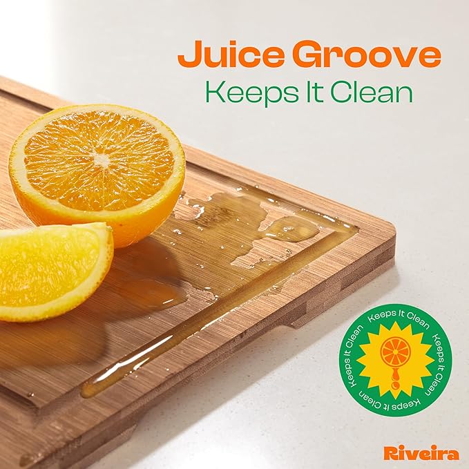 Riveira Brown Bamboo Wood Cutting Board – Gourmet Bamboo Grandeur: 15 x 10 Wooden Cutting Board – Wooden Cutting Boards For Kitchen Decorative – Innovative Juice Grooves Wooden Chopping Board