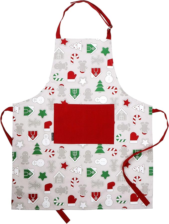 AMOUR INFINI Cotton Aprons for Women with Pocket, Adjustable Strap & Waist Ties - Washable Aprons for Baking, Cooking, Gardening (27.5 x 33 Inches - Christmas Fun)