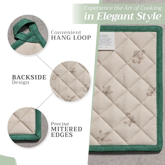 Maison d' Hermine Pot Holders 100% Cotton Heat Resistant Potholders 8" x 8" Hot Pads with Loop BBQ, Cooking, Baking, Grilling, Kitchen, Handling Hot Pans (Pack of 1, Recolte)
