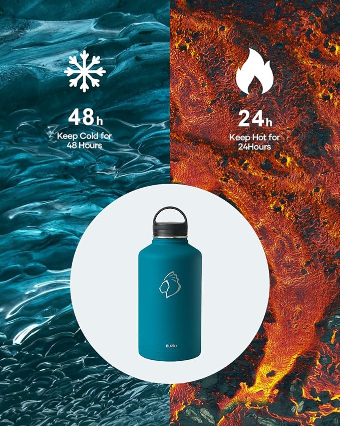 BUZIO 64 oz Water Bottle Insulated with Straw & 3 lid and Carrying Pouch, Leak Proof Half Gallon Stainless Steel Water Flask Jug, Cold for 48 Hrs Double Vacuum Thermo Canteen, BPA-Free, Dark Blue