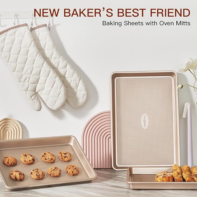 HONGBAKE 3 Pack Gold Nonstick Baking Sheet Pan Set with Oven Mitts Heat Resistant, Non-Toxic Half/Quarter/Jelly Roll Pans with Diamond Texture Pattern, Heavy Duty 0.8mm Thick Cookie Trays for Cooking