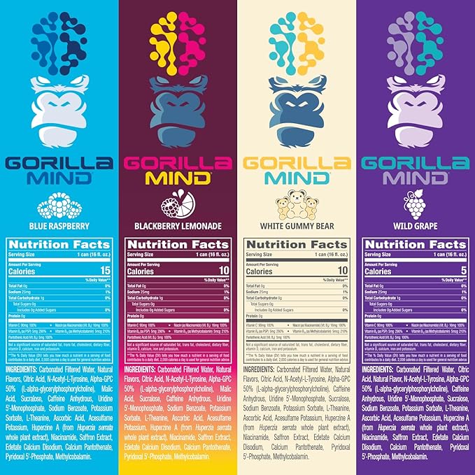 Gorilla Mind Energy Drink | Unmatched Energy · Amplified Focus | N-Acetyl-L-Tyrosine, Alpha-GPC, 200mg Caffeine, Uridine, Saffron | 0 Sugar Or Artificial Colors | 16oz | 12-Pack (Variety Pack #1)