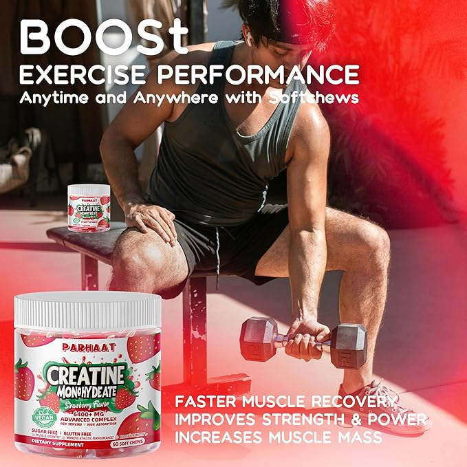 Creatine Monohydrate Chews Complex 6400mg for Men & Women -Advanced Formula W/L-Taurine + Vitamin B12, Sugar Free Chewable Supplement,60 Strawberry Softchews