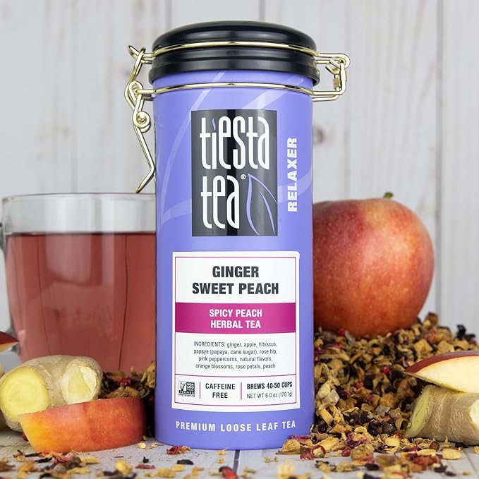 Tiesta Tea - Ginger Sweet Peach, Loose Leaf, Spicy Peach Herbal Tea, Tranquility Non-Caffeinated Blend, Bulk Hibiscus Leaves with Cane Sugar, Brews Up to 50 Cups, 6 Ounce Refillable Tin