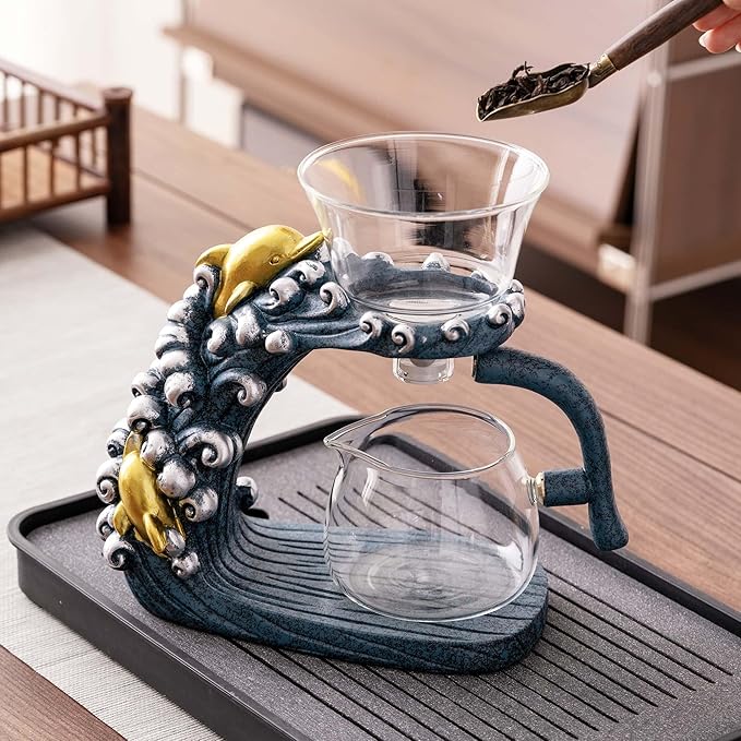 Glass Teapot Set with Infuser Semi Automatic Tea Set Magic Teapot (Dolphins)