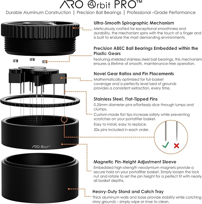 ARO Orbit PRO™ | Aluminum Spirographic WDT Tool | Mechanical Geared Spinning Distribution Tool for Home Baristas and Professional Cafés | Compatible with 58mm Portafilters