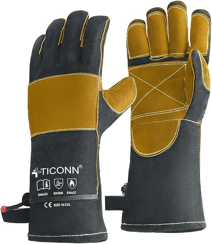 TICONN Welding Gloves, 1000°F Heat-Resistant Fireproof Leather Gloves for Welders, Stick, Forge, Mig, Tig, BBQ, Baking, Oven