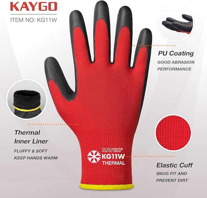 KAYGO Winter Work Gloves for Men and Women, 12 Pairs Thermal Insulated Safety Work Gloves PU Coated, Smooth Grip on Palm & Fingers,Ideal for Freezer Work,Red,M