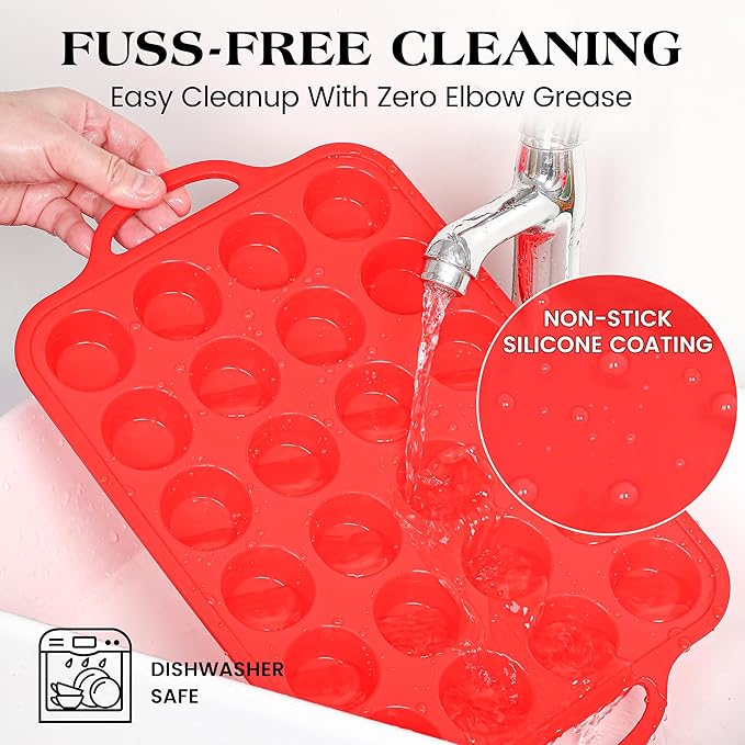 Silicone Mini Muffin Pan With Stainless Steel Reinforced Frame 24 Cups Nonstick Cupcake Molds for Baking Silicone Muffin Tray with Handles(1 Pc, Red)