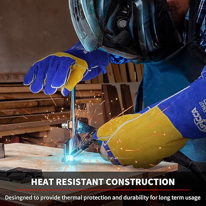 Welding Gloves Fire Heat Resistant: Blue 16IN 932℉ - Fireproof Leather For Stick Mig Flux-Core Welder Forge Blacksmith Fireplace Wood Stove Fire Pit Grill Oven Furnace Handling Dry Ice - Birthday Gift