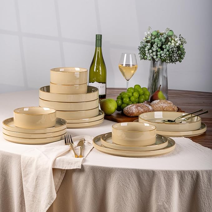 GBHOME 9'' Large Ceramic Pasta Bowls, 32oz Stoneware Pasta Serving Bowls Set of 4 for Kitchen, Wide Bowls for Fruit,Pasta,Salad,Oatmeal,Meal, Microwave Safe, Reactive Glaze-Warm Sand