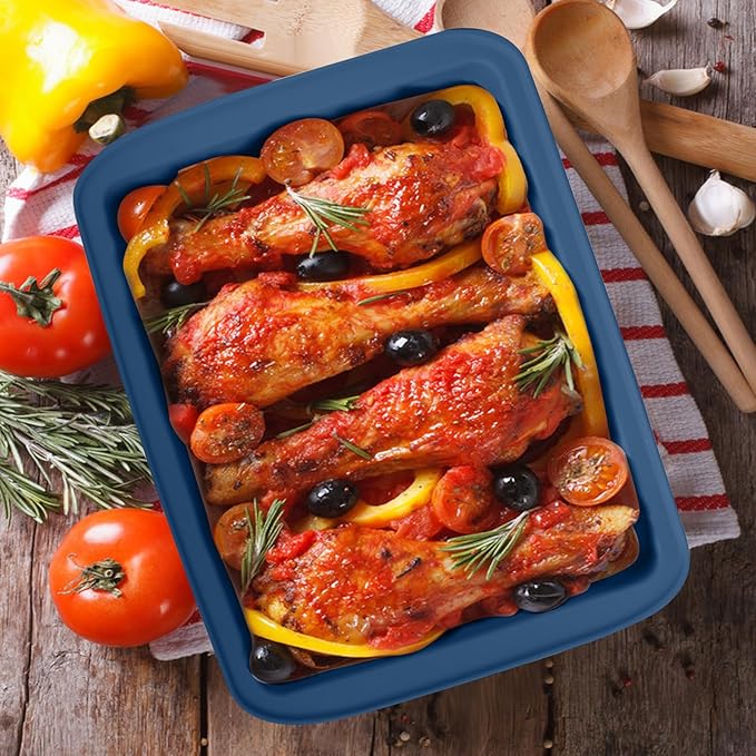 Sunsetbaby Silicone Bakeware Cake Pan, Rectangular Baking Dish with Handles, Compatible with Fancy Panz, for Lasagna, Cake, Brownie or Family Dinner, 12.6 x 9.8 x 2.1 Inch (2 Pack, Blue)