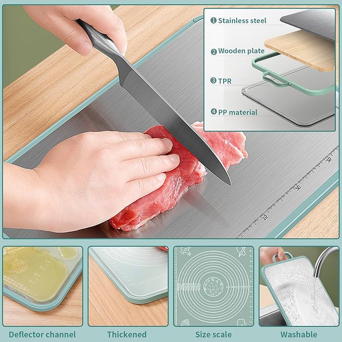 Stainless Steel Cutting Board, Double Sided Chopping Board with Scale for Pastry, 2-In-1 Cutting Board with Juice Groove and Anti Slip Surface