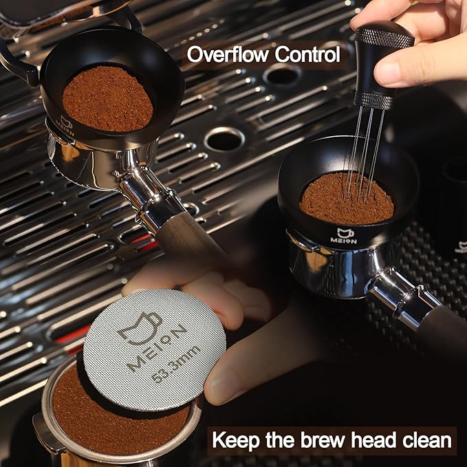 MEION 54mm Espresso Dosing Funnel and Puck Screen Set for 54mm Breville Portafilters, Magnetic Coffee Funnel, Reusable 53.3mm Espresso Puck Screen, Espresso Tools Espresso Accessories (54mm, Black)